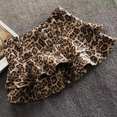 Harajuku Subculture Denim Leopard Print Splicing Y2k Skirt Kawaii Gothic Mini Pleated Skirt Casual Retro Streetwear Skirts Women