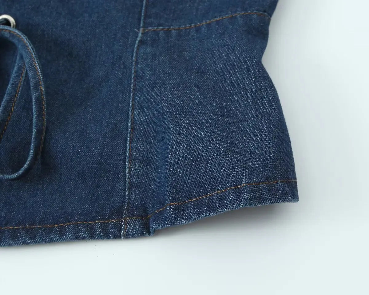 2025 Sexy Square Collar Blue Denim Camis Sexy Corset Women Front Cross Lacing up Bandage Bow Tank Tops Back Zipper Slim Crop Top