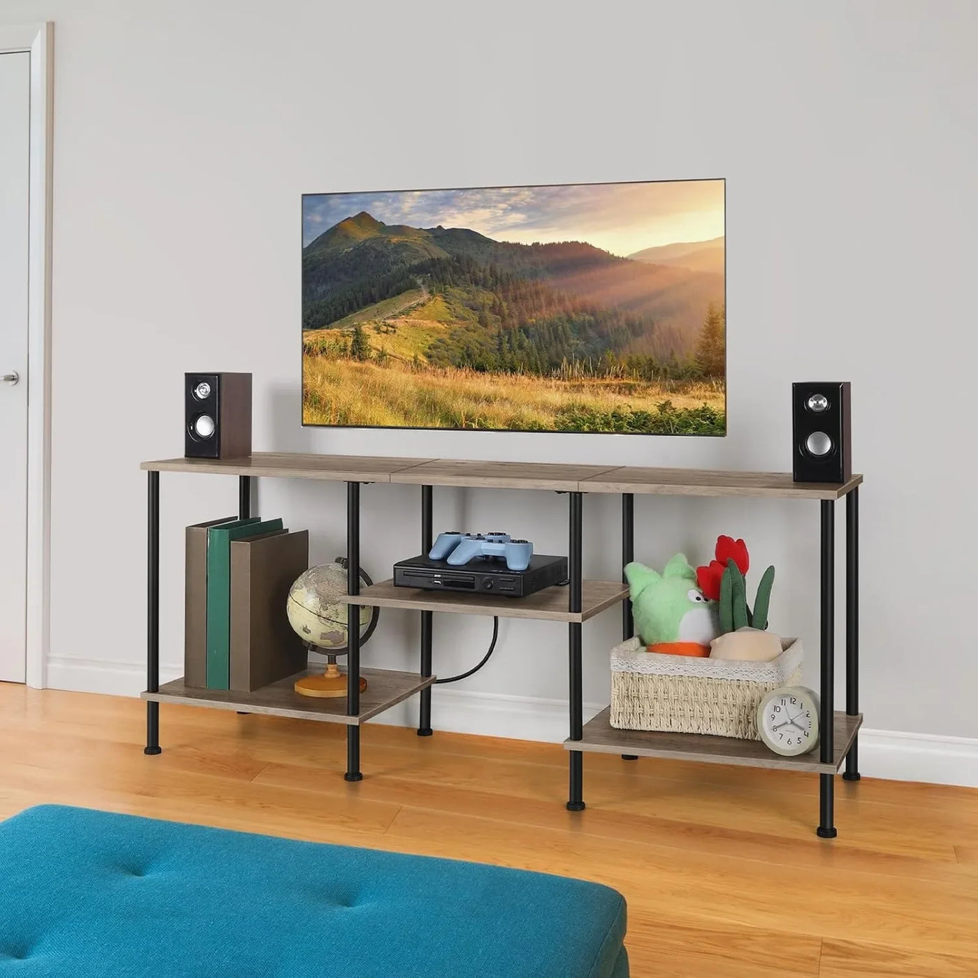 Farmhouse 50" TV Stand with Built-in Outlets & 3-Tier Storage - Multi-Room Media Console for 50/43/40/32" TVs, Rustic Grey