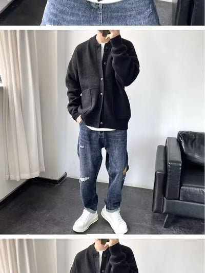 Autumn Winter New Style Men's Knitted Cardigan Sweater Casual Pure Color Lazy Fashion Youth Versatile Knitwear Coat