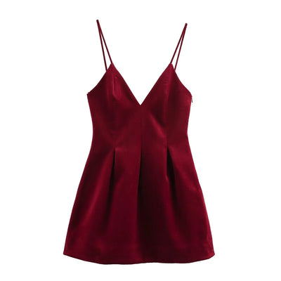 TRAFZA-Women Sexy Velvet Mini Dress Thin Strap Backless Burgundy Dress New 2025 Fashion Date Romantic Party Dress