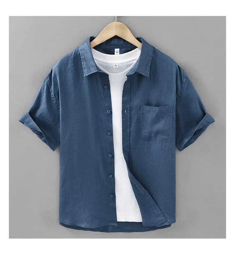 2025 Summer New Breathable Thin 100% Linen Short Sleeve Shirt for Men Casual Turn-down Collar Classic Shirt DC927