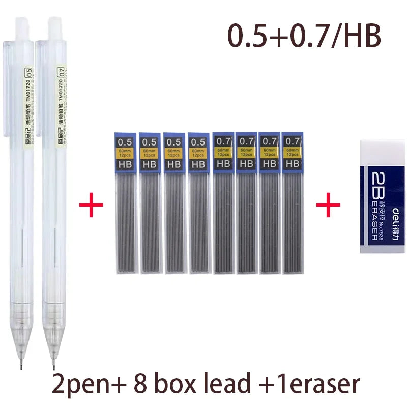 Mixed Loading 0.5&0.7mm Mechanical Pencil White Simple Automatic Pen for Students School Supplies Office Accessories Stationery