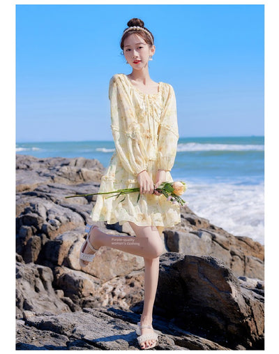 2025 Spring New Arrival Women's Spring Floral Dress Silm Fashion Waist-Controlled Long Sleeves Seaside Vacation Chiffon Skirt