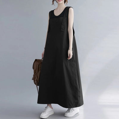 Women Sleeveless Maxi Dress Fashion Workwear Pockets Vestidos 2023 Summer Adjustable Shoulder Straps Dresses Streetwear