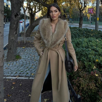 Elegant Fur Lapel Long Coat Women With Belt Woolen Full Sleeve Lace Up Loose Thicken Overcoat 2025 Spring Solid Pocket Outwear