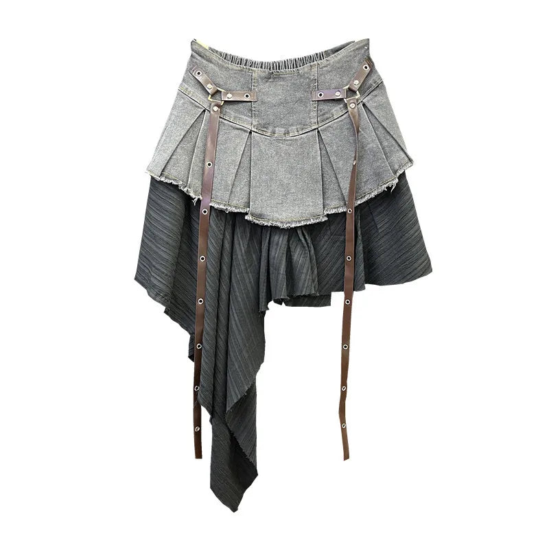 Retro Spliced Denim Pleated Skirt for Women Summer New Temperament Hot Girl Fashionable High Waist A-line Skirt