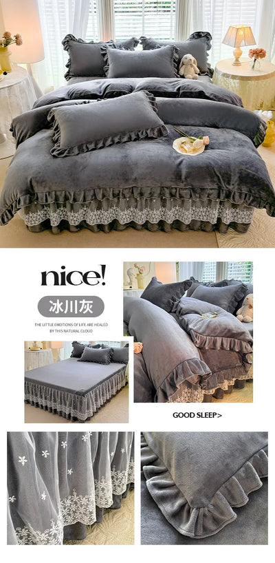 2024 hot solid color Korean version lace bed skirt kit flannel quilt cover thickened warm four-piece set