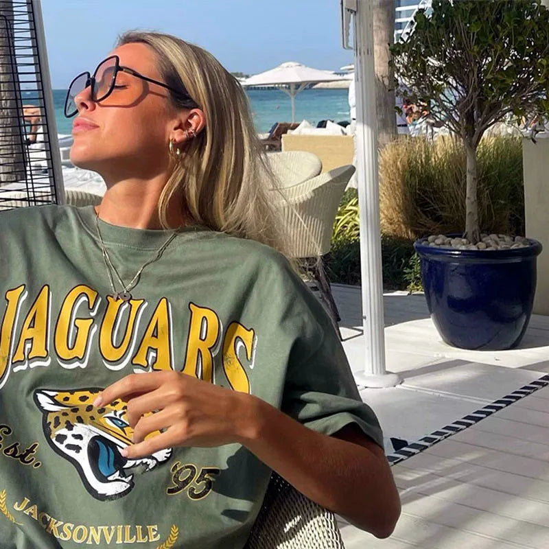 American Retro Jaguars Printing Female Graphic Cool T Shirts Summer Short Sleeve Loose Cotton Y2K Tops Street Fashion 90s Tees