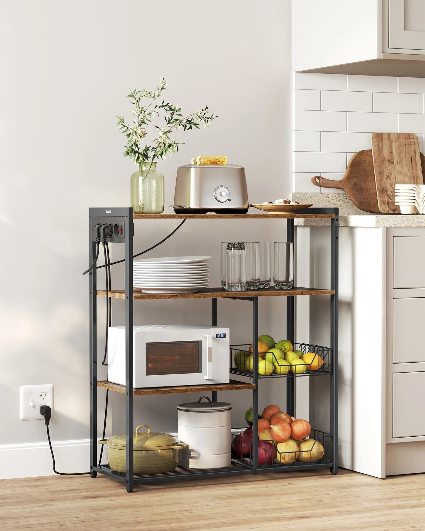 Kitchen Rack with sockets, 2 Metal Baskets, Microwave Shelf, 35x80x93.5 cm Industrial Design