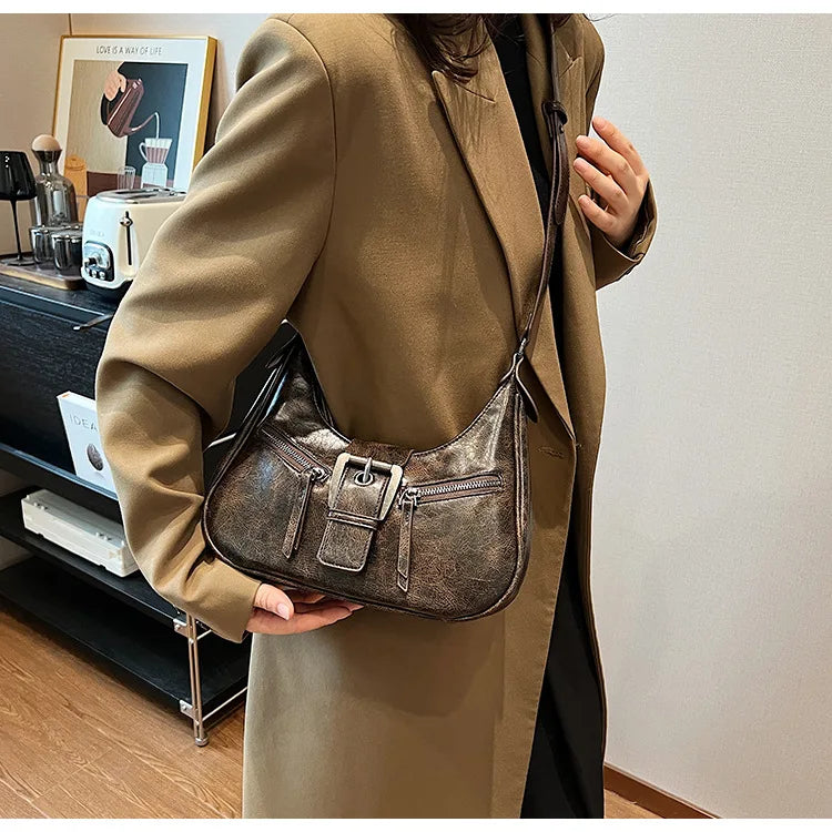 Retro Belt Design PU Leather Shoulder Bags for Women 2024 Y2K Small Vintage Female Underarm Crossbody Bag Fashion Handbags