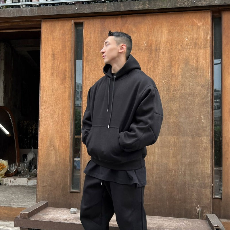 Hooded Sweatshirt Men's Autumn Winter Velvet Two-piece Set American Oversize Loose Casual Sweatpants Suit Aesthetic Streetwear