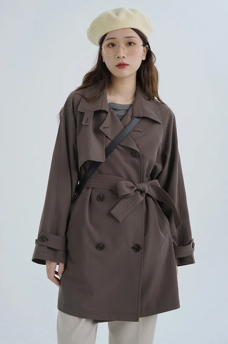 Women Spring Fall Short Trench Coat Korean Style Loose Fit Casual Khaki Jacket Petite-Friendly Versatile and Stylish Outerwear