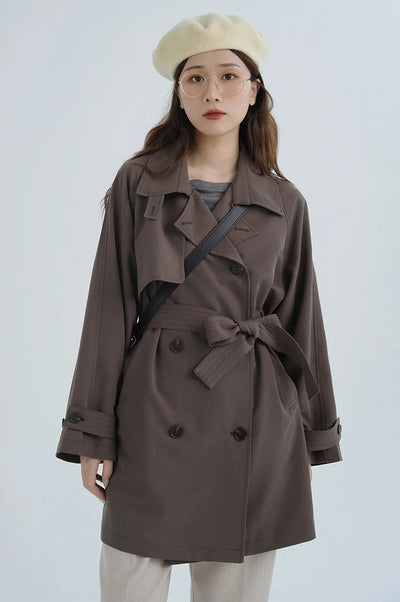 Women Spring Fall Short Trench Coat Korean Style Loose Fit Casual Khaki Jacket Petite-Friendly Versatile and Stylish Outerwear