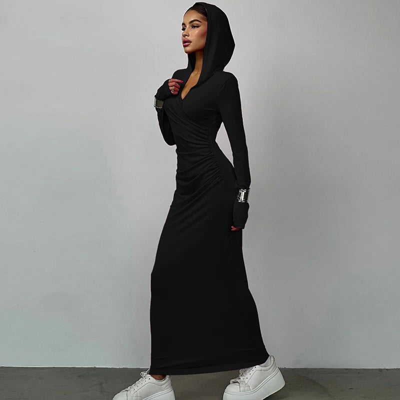 Hugcitar Solid Hoodies V Neck Long Sleeve Draped Sexy Slim Maxi Dress 2023 Winter Women Fashion Y2K Outfits Streetwear Party