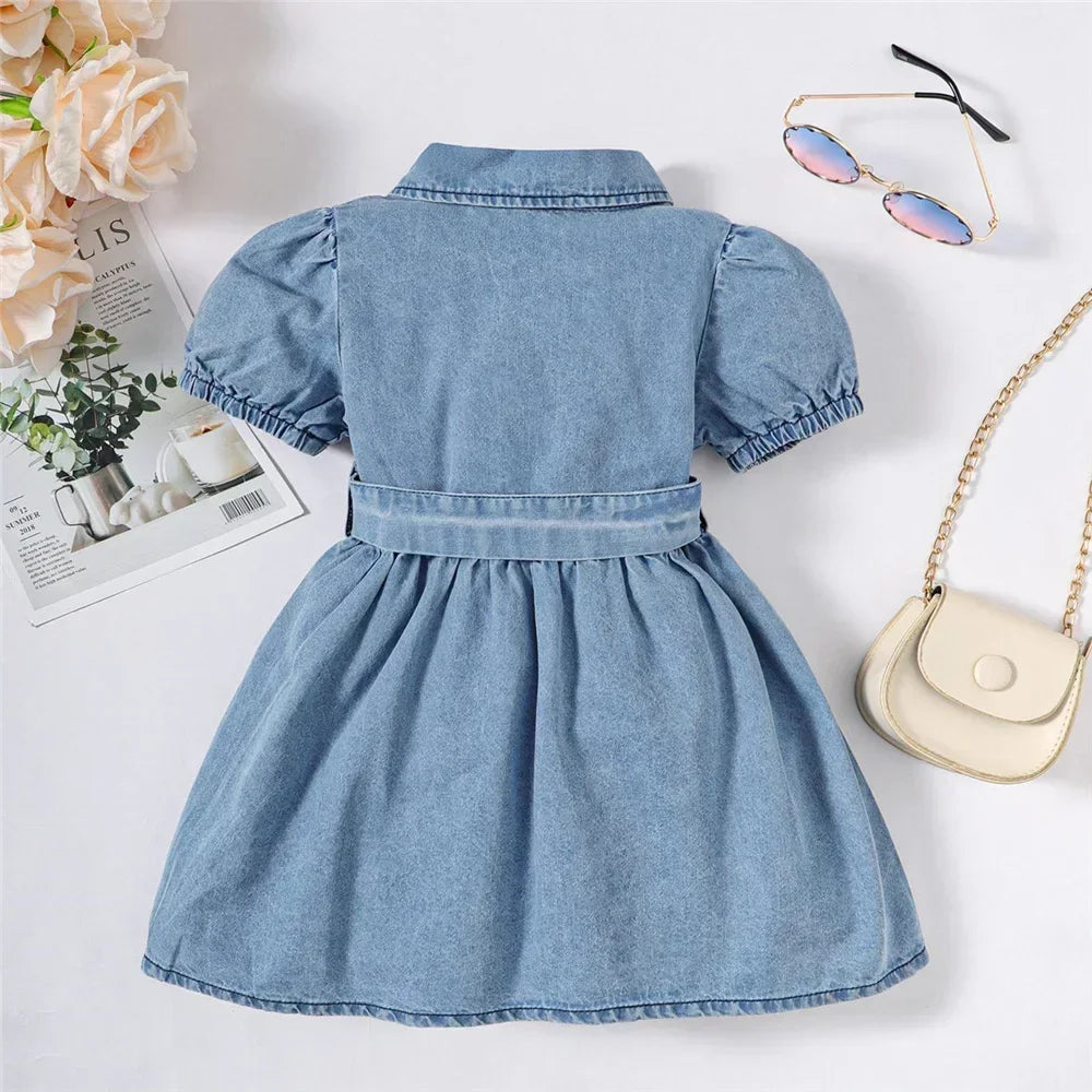 1-3 Years Summer Toddler Baby Girl Fashion Dress Bubble Sleeve Lapel Jeans Casual Dresses Birthday Party Costumes for Kid Girls