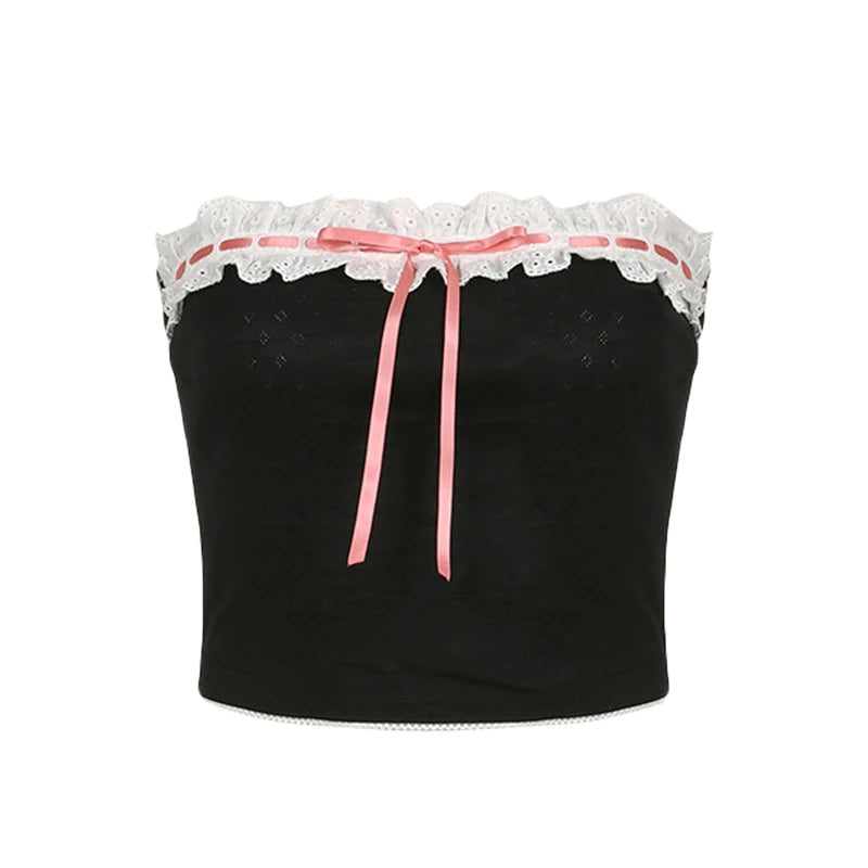Xingqing y2k Off Shoulder Top Women Fairy Grunge Clothes Summer Sleeveless Lace Trim Patchwork Strapless Tshirt 2000s Streetwear