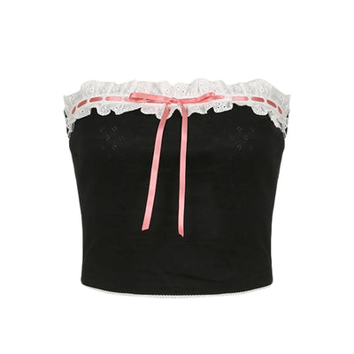 Xingqing y2k Off Shoulder Top Women Fairy Grunge Clothes Summer Sleeveless Lace Trim Patchwork Strapless Tshirt 2000s Streetwear