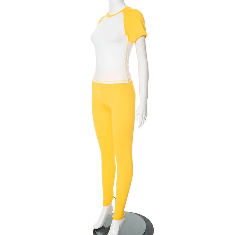 Weird Puss Casual Sporty 2 Piece Set Women Contrast Patchwork Short Sleeve T-Shirts+Skinny Stretch Sweatpants Simple Tracksuits