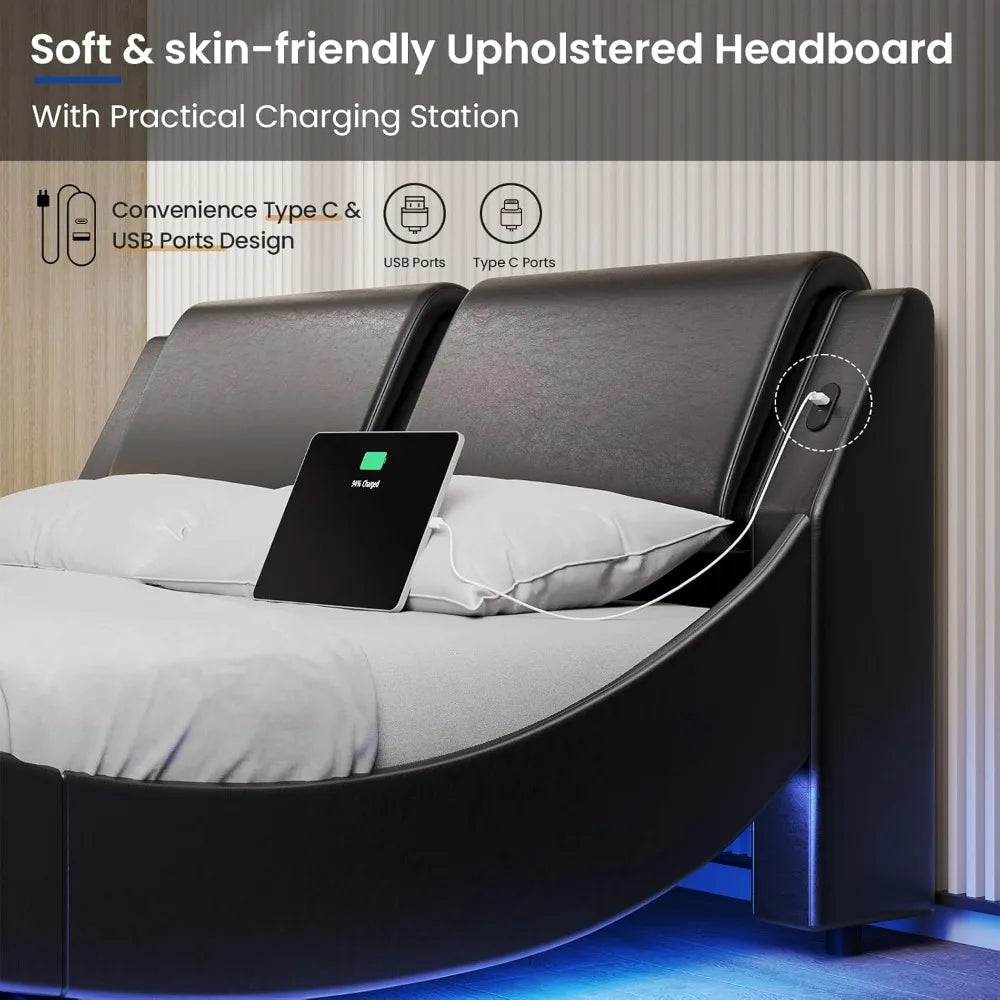 Bed Frame with Led Lights and Charging Ports Modern Faux Leather Upholstered Queen Size Platform Bed with Headboard Wave