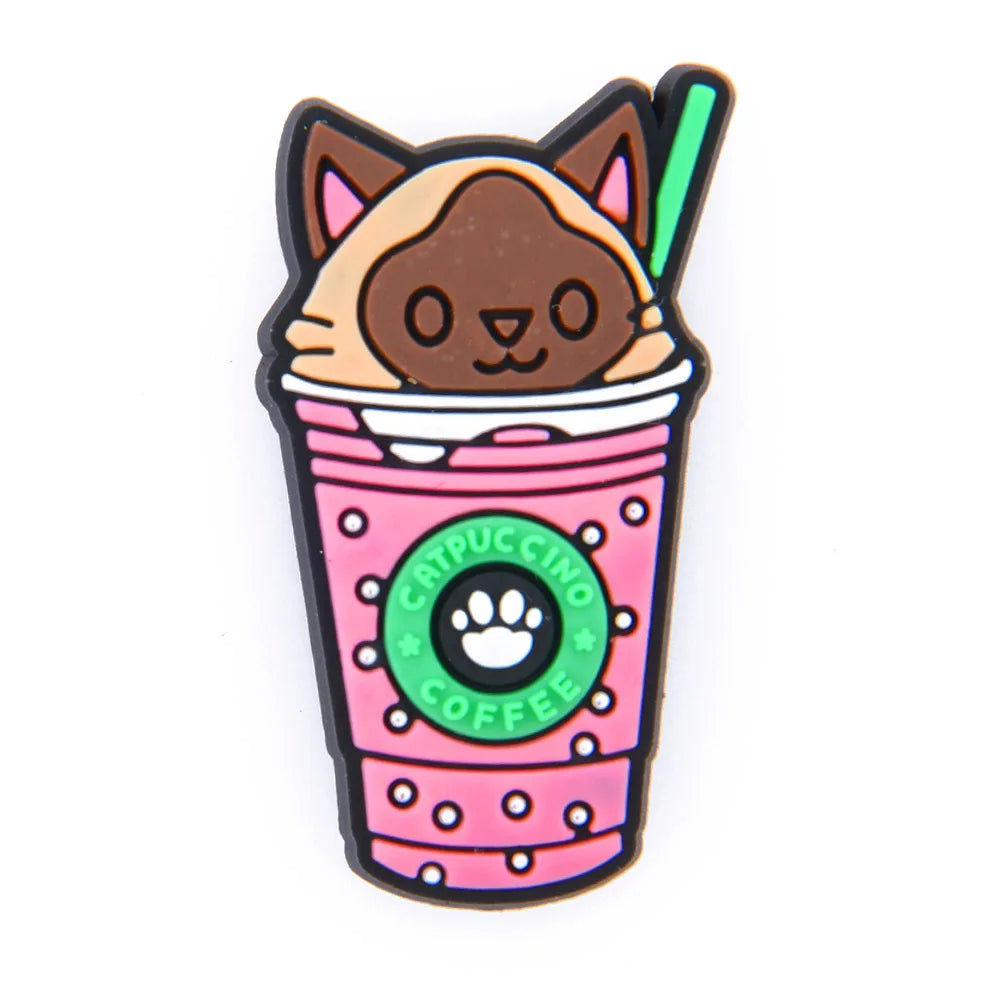 1pc Cute Cartoon Cat Coffee Cup PVC Shoe Charms Buckle Clogs Accessories for Girls Sandals Decoration Kids Gift