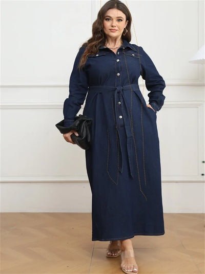 Wmstar Plus Size Denim Dresses for Women Button Solid Long Fashion Elegant Maxi Dress Fall Winter Clothes Wholesale Dropshipping