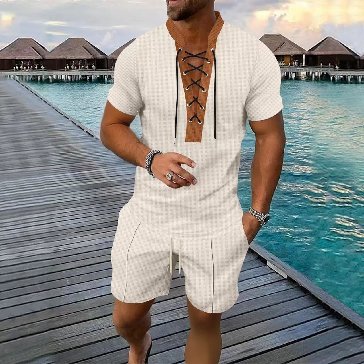 The 2025 men's new waffle checkered round-neck fashionable top, a two-piece casual suit with a rope short sleeve and shorts