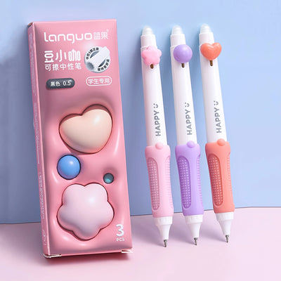 3pcs Happy Beans Gel Pens Set Ergonomical Triangle Grip Erasable Black Color Ink 0.5mm Ballpoint for Writing School A7682