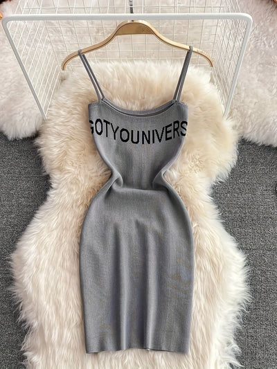 2026 Green Summer Letter Print Cami Dress Casual Sleeveless Bodycon Spaghetti Dress Women's Clothing Outfits Short Sundress