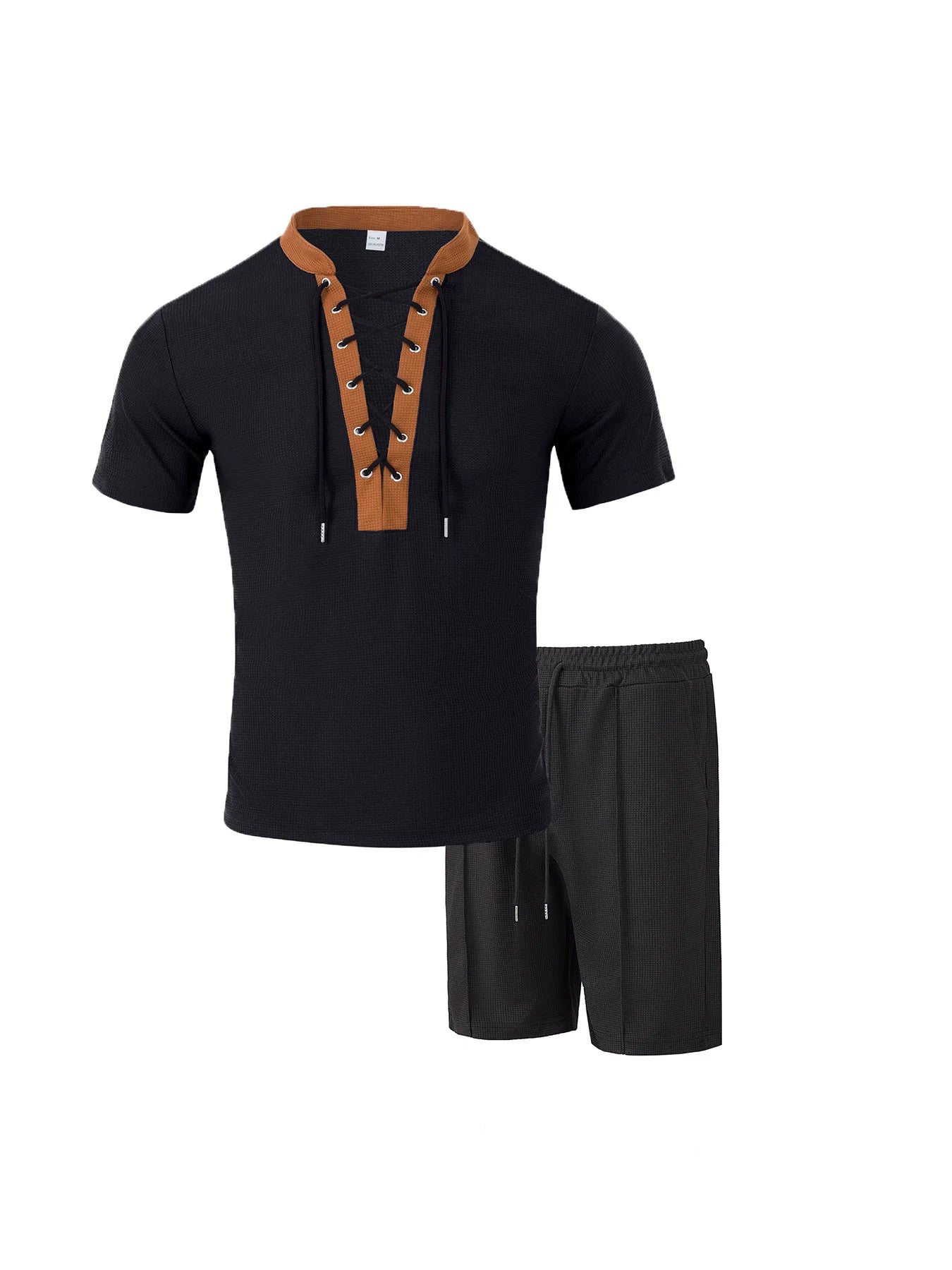 The 2025 men's new waffle checkered round-neck fashionable top, a two-piece casual suit with a rope short sleeve and shorts