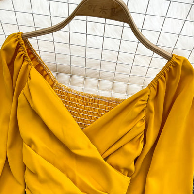 Chic Puff Long Sleeve Criss-cross Slim Blouse Korean Fashion Pleated Crop Top Sexy Shirt Hotsweet Spring Autumn Women Clothes