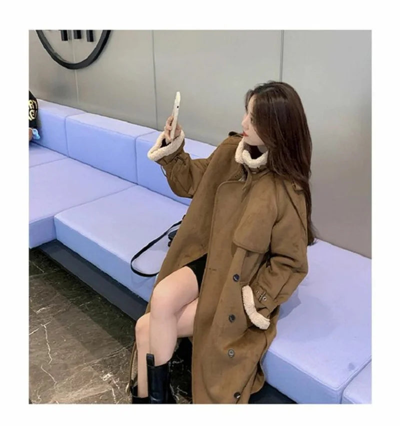 2024 Autumn Winter New Medium Long Double-breasted Lambswool Suede Woolen Coat Women Add Velvet Padded Warm Fur One Woolen Coats