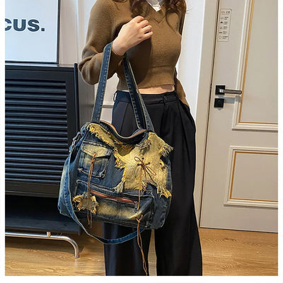 Denim Y2k Womens Shoulder Bag Vintage Washed Distressed Fashion female Messenger Bag Large Capacity ladies Handbag Sac totes