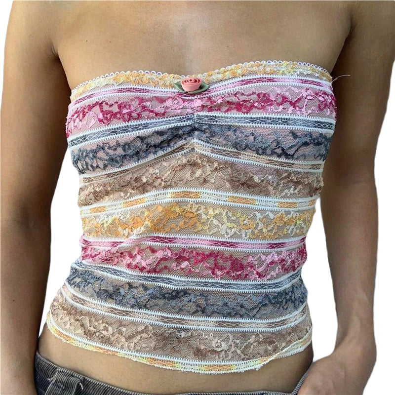 Xingqing y2k Off Shoulder Top Women Fairy Grunge Clothes Summer Sleeveless Lace Trim Patchwork Strapless Tshirt 2000s Streetwear