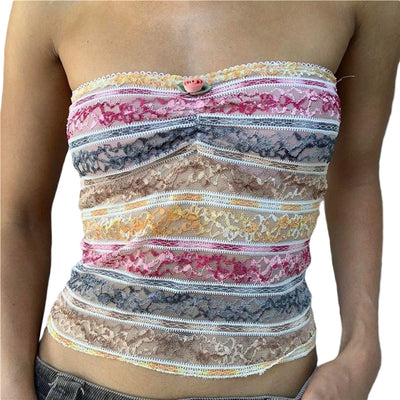 Xingqing y2k Off Shoulder Top Women Fairy Grunge Clothes Summer Sleeveless Lace Trim Patchwork Strapless Tshirt 2000s Streetwear