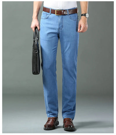 Spring/summer Thin Denim Straight Cotton Stretch Jeans Men Business Casual Cloth High Waist Ice Silk Lightweight Trousers