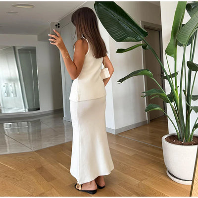 Single Breasted Knit Vest Mermaid Dress Woman Set O-Neck Split Sleeveless Top Solid Color Slim Long Dresses Casual Women Sets