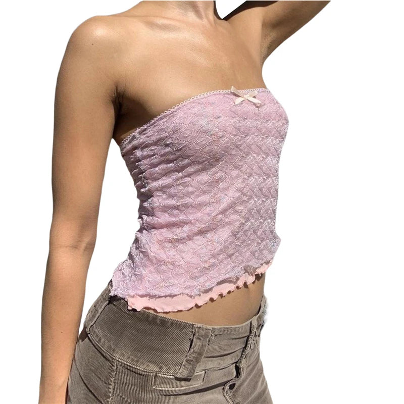 Xingqing y2k Off Shoulder Top Women Fairy Grunge Clothes Summer Sleeveless Lace Trim Patchwork Strapless Tshirt 2000s Streetwear