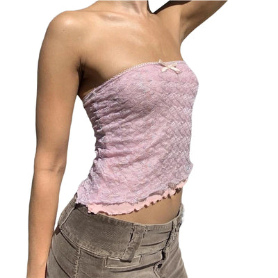 Xingqing y2k Off Shoulder Top Women Fairy Grunge Clothes Summer Sleeveless Lace Trim Patchwork Strapless Tshirt 2000s Streetwear