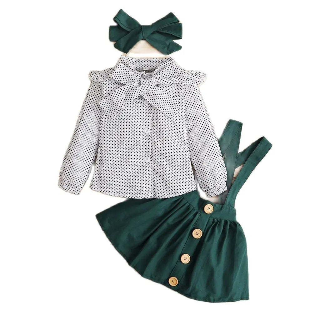 1-4 Years Fashion Kids Girl Clothing Set Long Sleeves WaveShirt+Strap Skirt+Headband 3PCS Costume Spring Autumn Girl Outfit Suit
