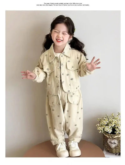 Girls Coat and Pants Two Piece Set 2025 Spring and Autumn New Korean Fashion Floral Casual Coat and Pants Two Piece Set Trend