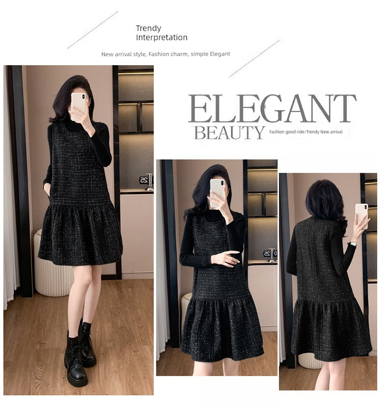 Woolen One piece Dress Women clothing Plus size Fat Mm2024 Autumn and Winter New Age-Reducing High end Western Style Fashion Woolen Vest Dress