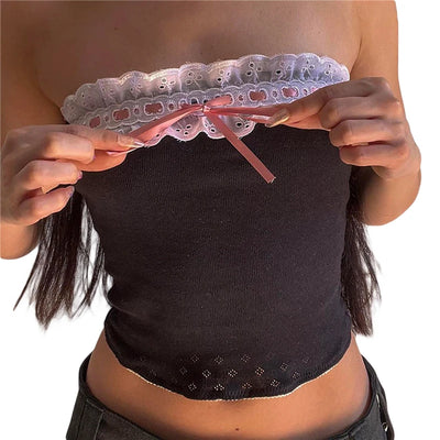 Xingqing y2k Off Shoulder Top Women Fairy Grunge Clothes Summer Sleeveless Lace Trim Patchwork Strapless Tshirt 2000s Streetwear