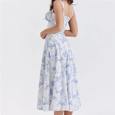 2023 Sexy Ruched Chest Blue White Flower Print Corset Style Sling Dress Cross Lacing up Bandage Back Hem Slit A-Lined Midi Robe