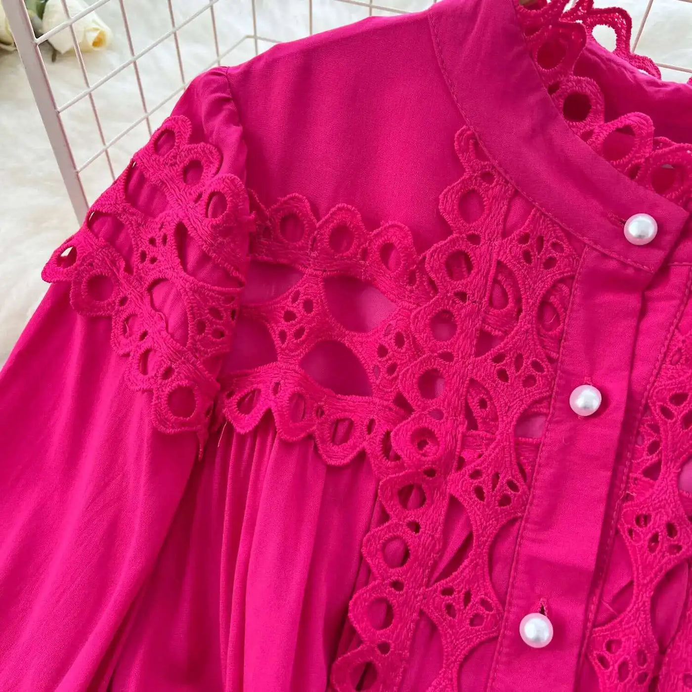 Elegant Long Maxi Hollow Out Dress Shirt Women Summer Autumn Palace Retro Pearl Button Embroidery Crochet Evening Party Vestidos