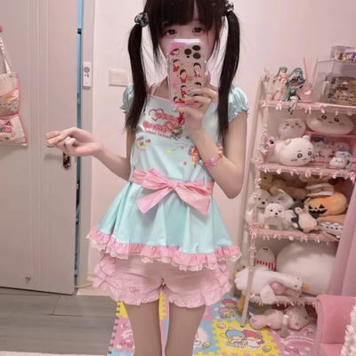 Japanese Kawaii Print Lolita T-Shirts Women Y2k Cute Tees Summer Sweet Bow Halter Neck Bandage Short Sleeve Cotton Tops