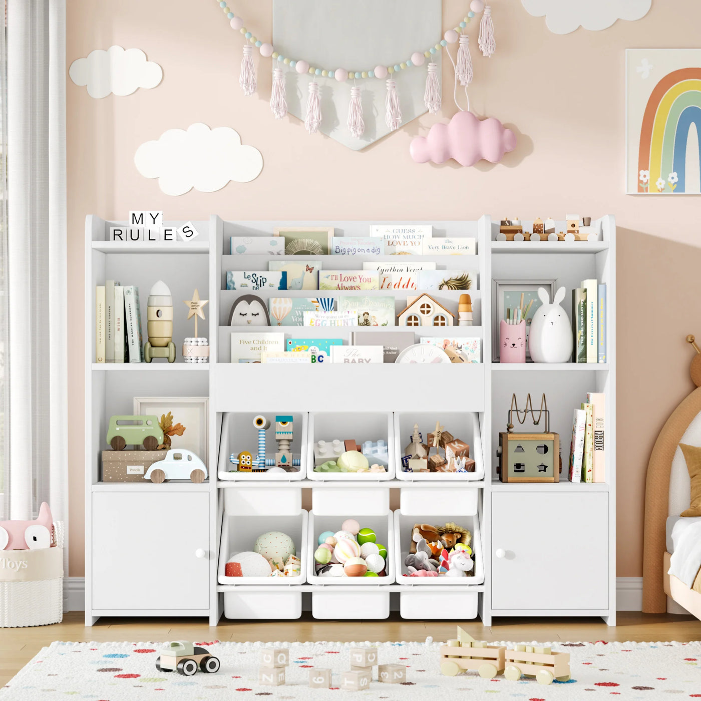 Children's shelf CHILDREN'S room furniture toys chest bookcase CHILDREN'S wardrobe with 6 boxing 4 bookshelves 8 shelves 119x29.5x94cm