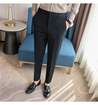 High End Elastic Waistband Suit Pants for Men Embroidered Business Casual Pants Solid Colror Versatile Social Office Trousers