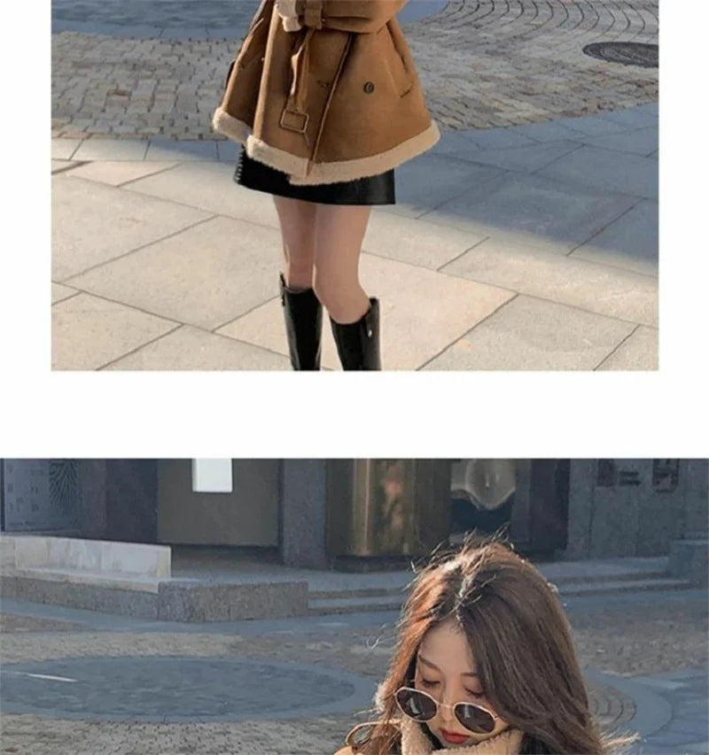 2024 Autumn Winter New Medium Long Double-breasted Lambswool Suede Woolen Coat Women Add Velvet Padded Warm Fur One Woolen Coats