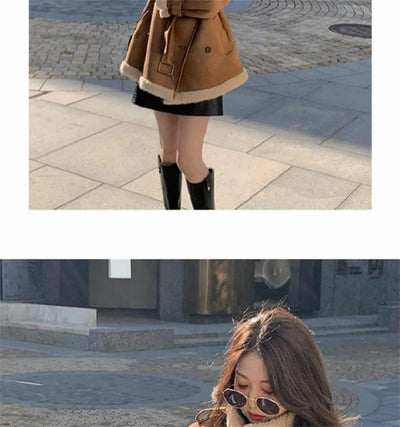 2024 Autumn Winter New Medium Long Double-breasted Lambswool Suede Woolen Coat Women Add Velvet Padded Warm Fur One Woolen Coats